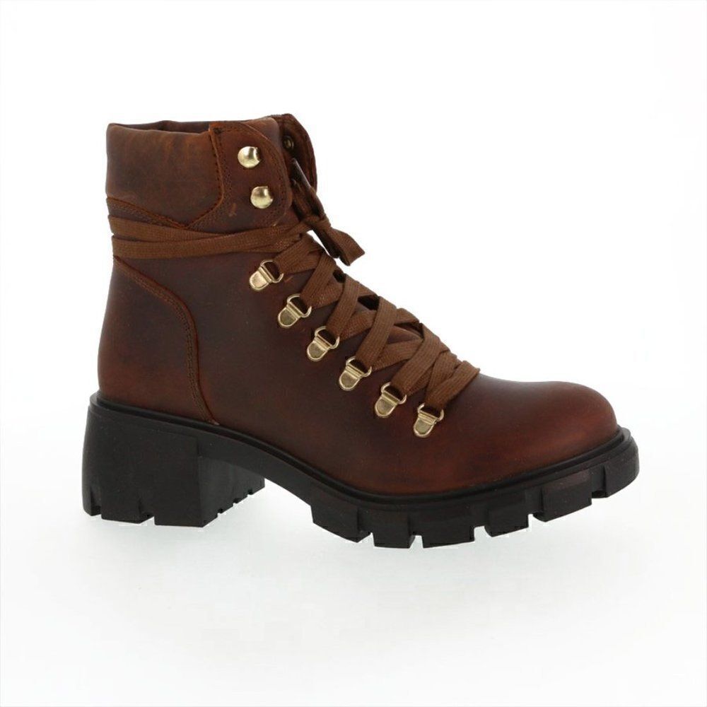 NEW IN BOX STEVE MADDEN GENUINE LEATHER HINT LACE UP HIKER BOOTS COGNAC COLOR